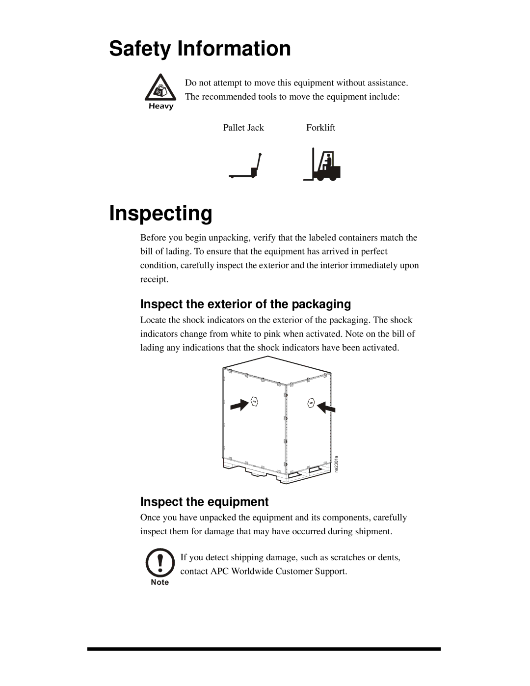 American Power Conversion ACPA4000 manual Safety Information, Inspecting, Inspect the exterior of the packaging 