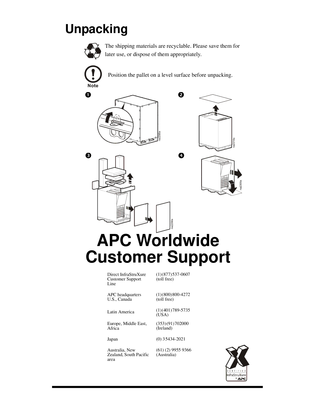 American Power Conversion ACPA4000 manual APC Worldwide Customer Support, Unpacking, Usa 