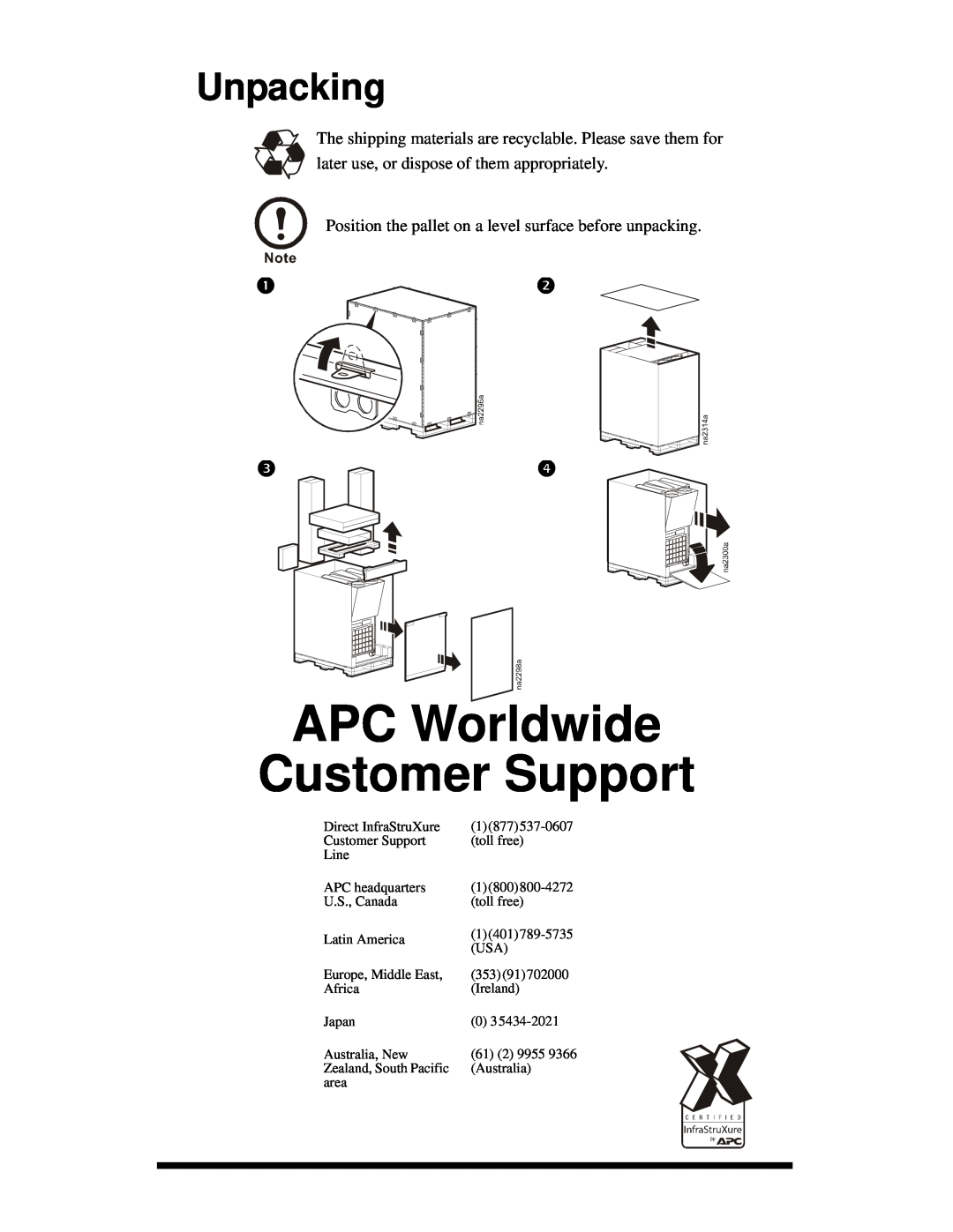 American Power Conversion ACPA4000 manual Unpacking, APC Worldwide Customer Support,     