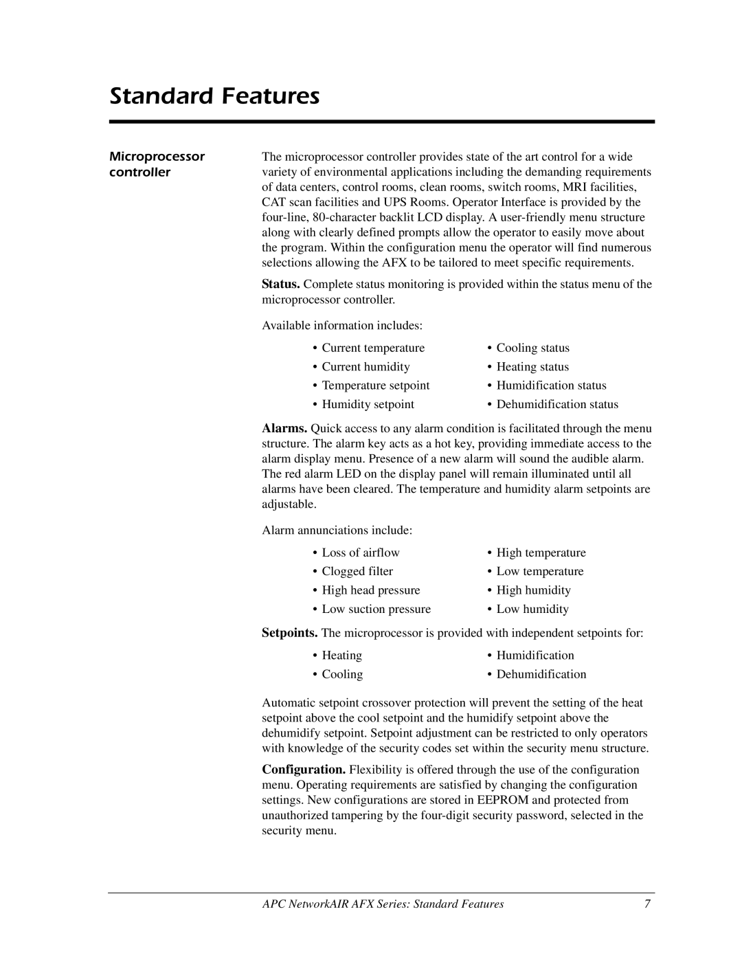 American Power Conversion AFX Series manual Standard Features, Microprocessor, Controller 