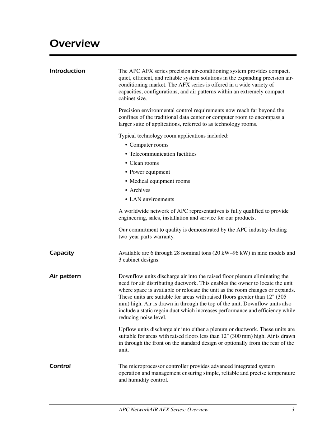 American Power Conversion AFX Series manual Overview, Introduction, Capacity, Air pattern, Control 