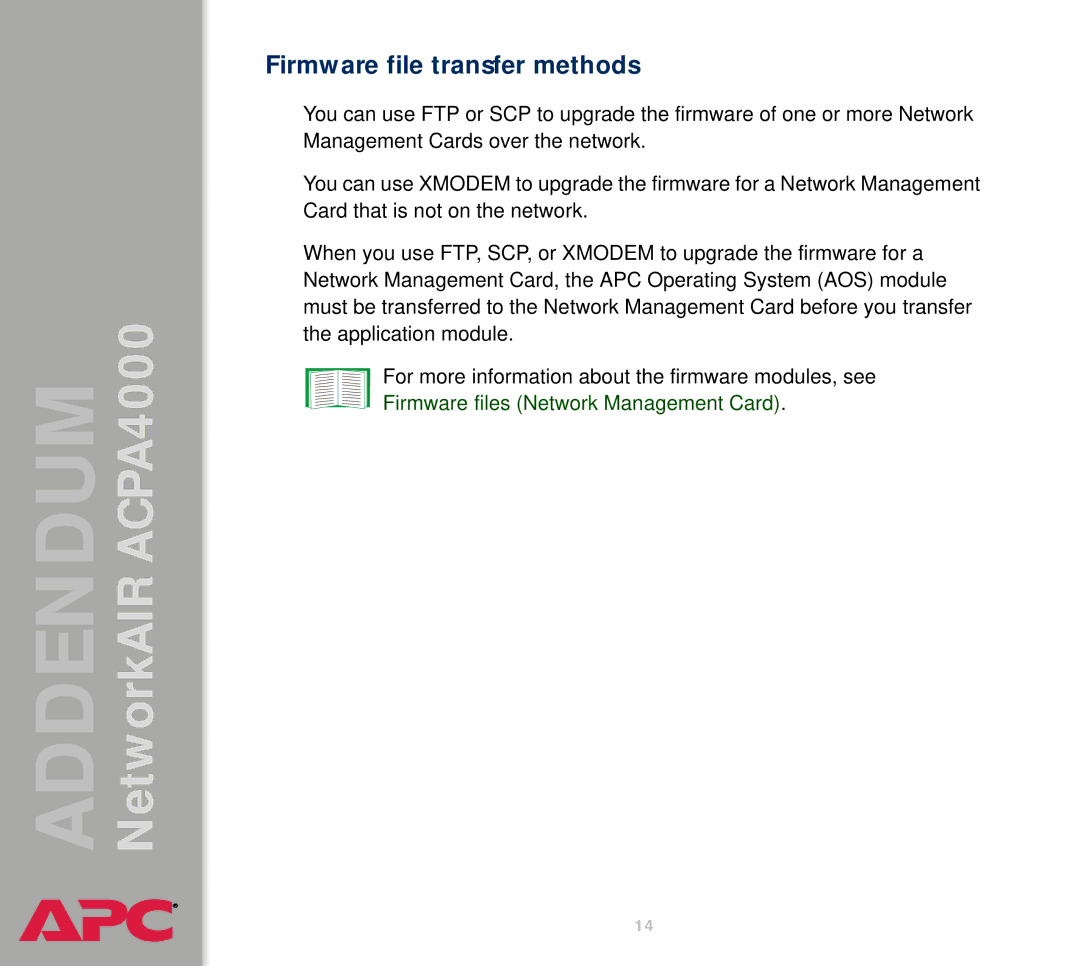 American Power Conversion AIRACPA4000 manual Firmware file transfer methods 