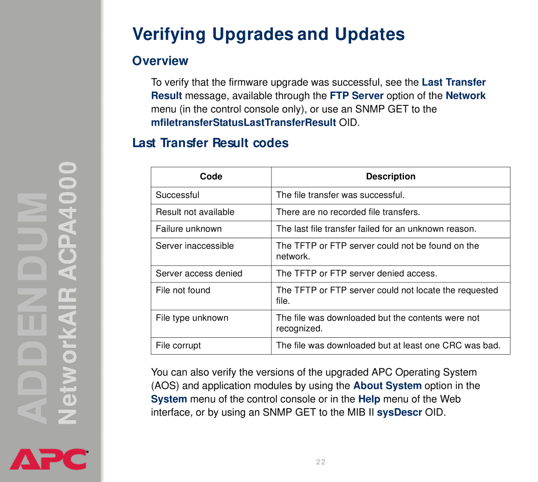 American Power Conversion AIRACPA4000 manual Verifying Upgrades and Updates, Last Transfer Result codes 