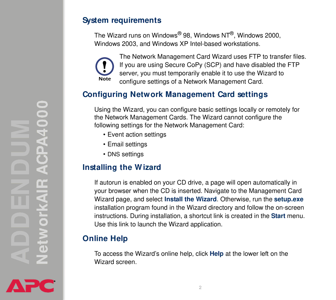 American Power Conversion AIRACPA4000 manual System requirements, Configuring Network Management Card settings, Online Help 