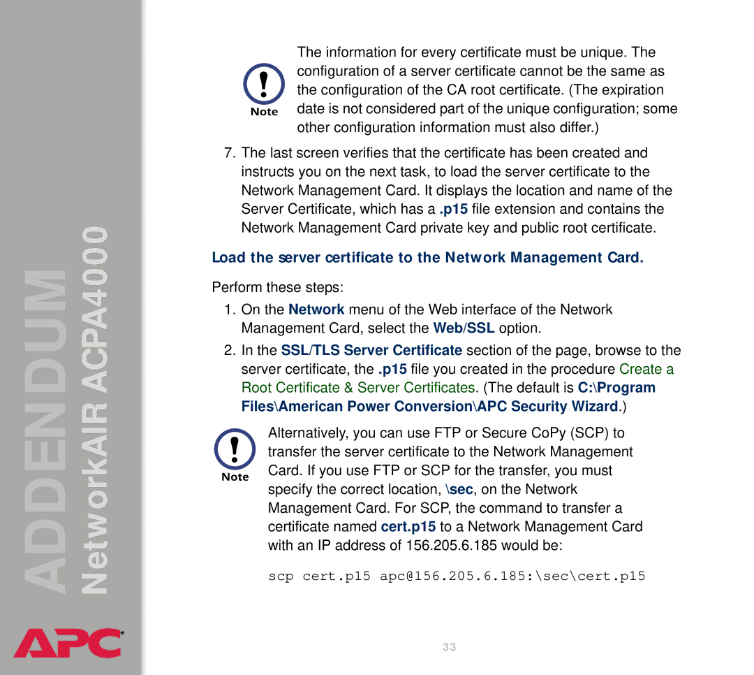 American Power Conversion AIRACPA4000 manual Load the server certificate to the Network Management Card 