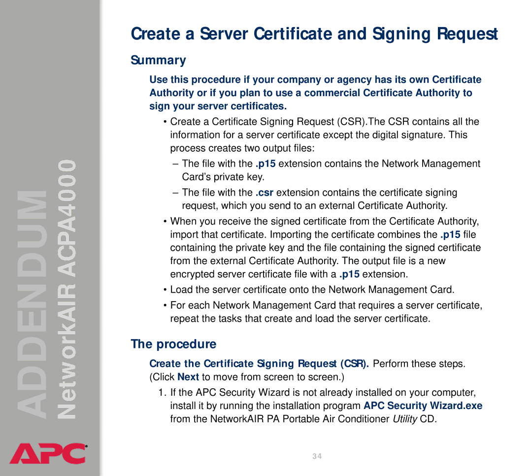 American Power Conversion AIRACPA4000 manual Create a Server Certificate and Signing Request, Summary 