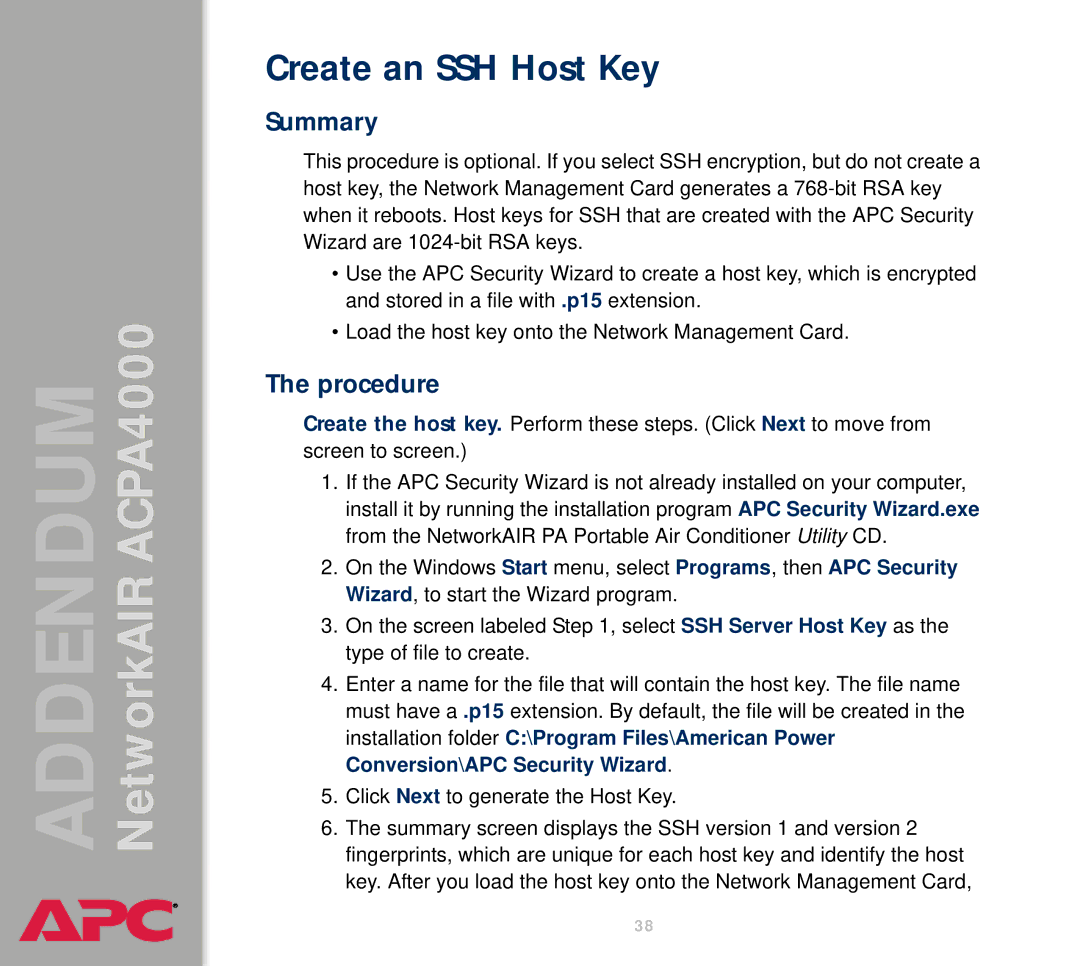 American Power Conversion AIRACPA4000 manual Create an SSH Host Key, Summary 