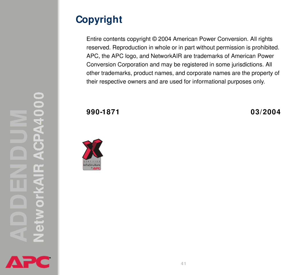 American Power Conversion AIRACPA4000 manual Copyright 