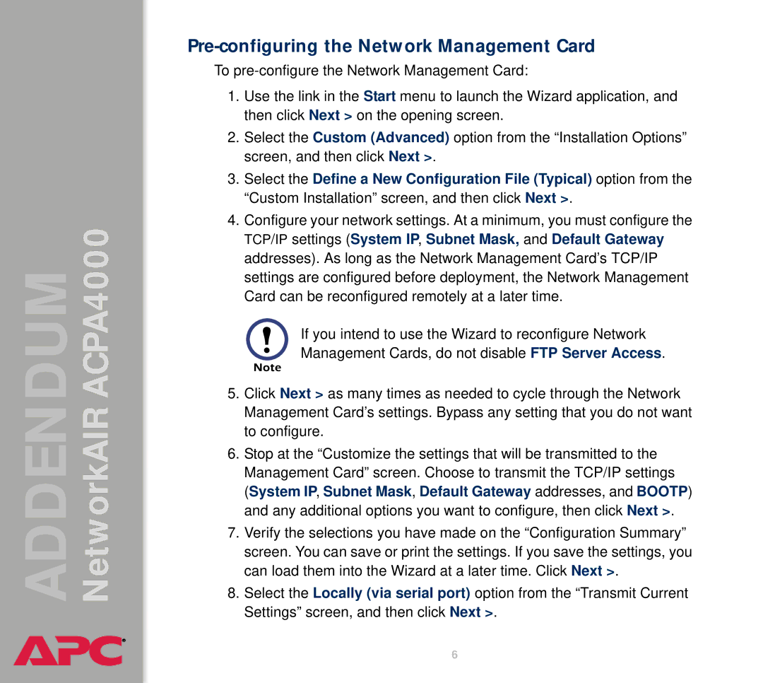 American Power Conversion AIRACPA4000 manual Pre-configuring the Network Management Card 