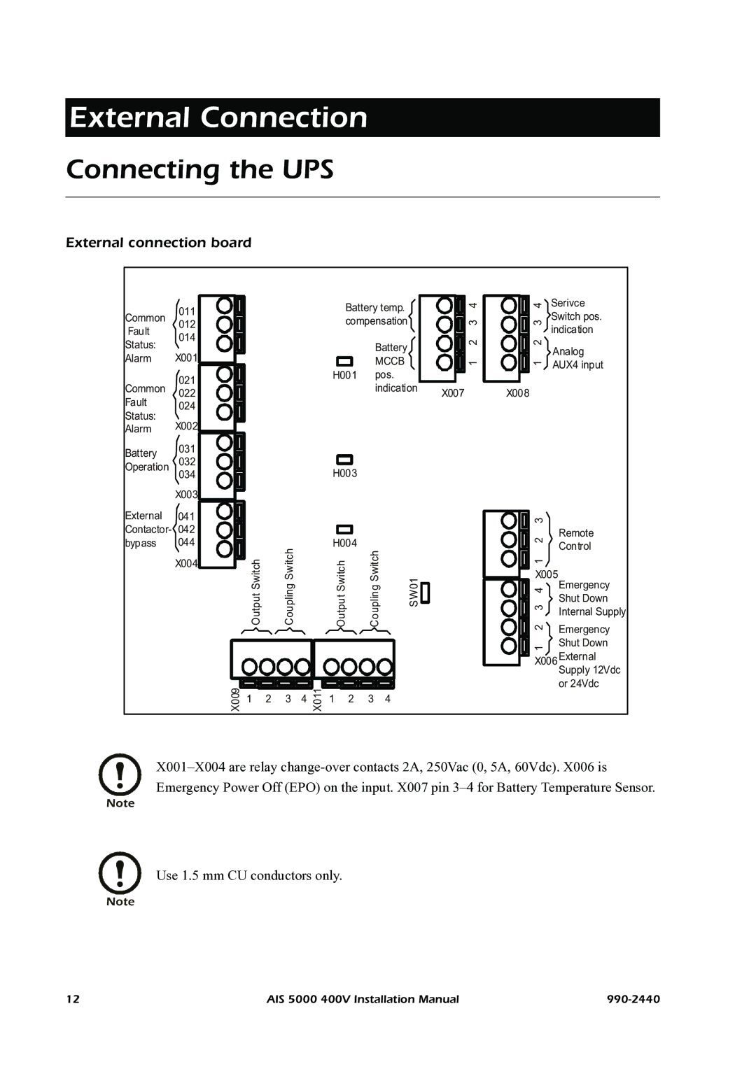 American Power Conversion AIS 5000 manual Connecting the UPS, External connection board 