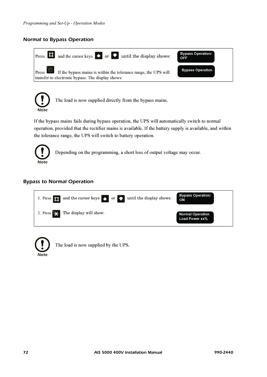 American Power Conversion AIS 5000 manual Normal to Bypass Operation, Bypass to Normal Operation, Press 