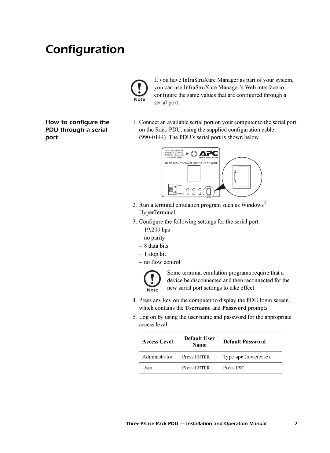 American Power Conversion AP7601, AP7608, AP7602 operation manual Configuration, How to configure, PDU through a serial, Port 