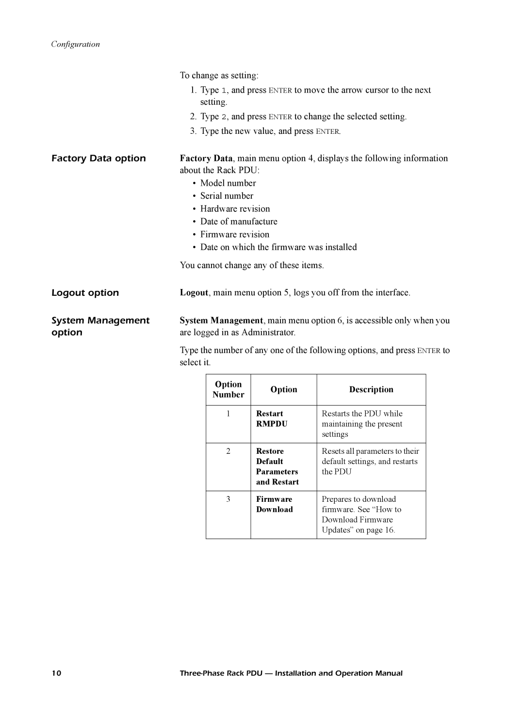 American Power Conversion AP7601, AP7608, AP7602 Factory Data option, Logout option, System Management, Option 