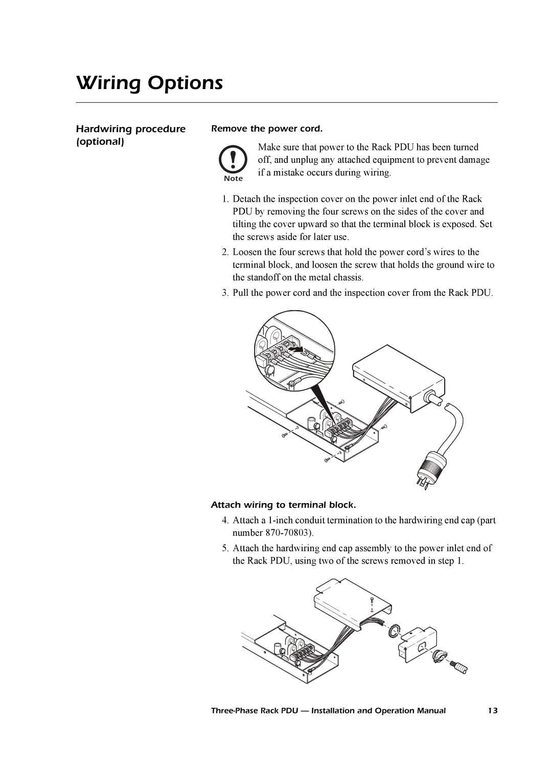 American Power Conversion AP7601, AP7608, AP7602 operation manual Wiring Options, Hardwiring procedure optional 