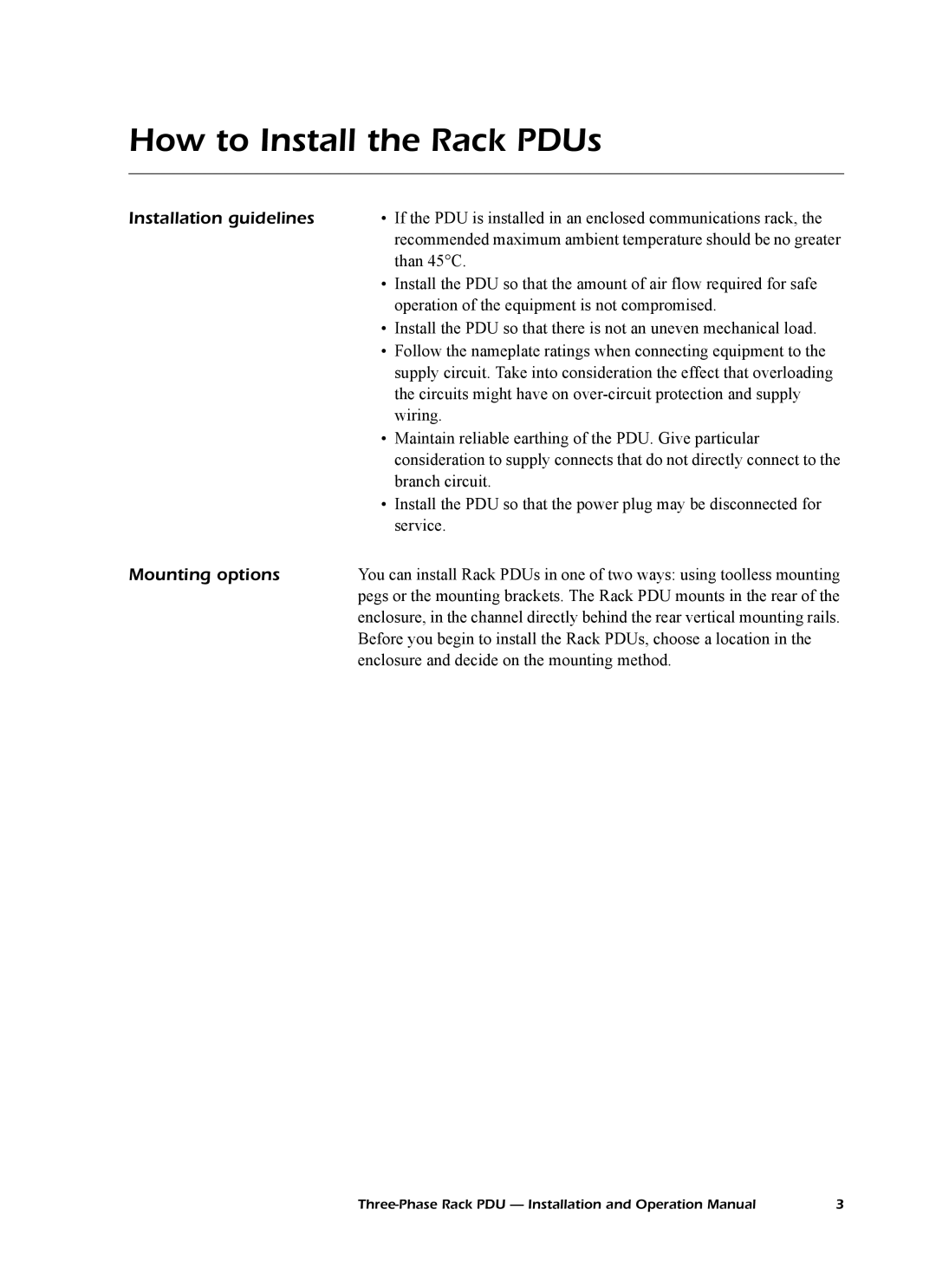 American Power Conversion AP7602, AP7608, AP7601 How to Install the Rack PDUs, Installation guidelines, Mounting options 