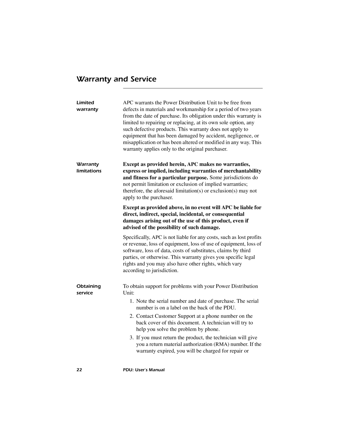 American Power Conversion AP7622, AP7626, AP7620, AP7621 user manual Warranty and Service 