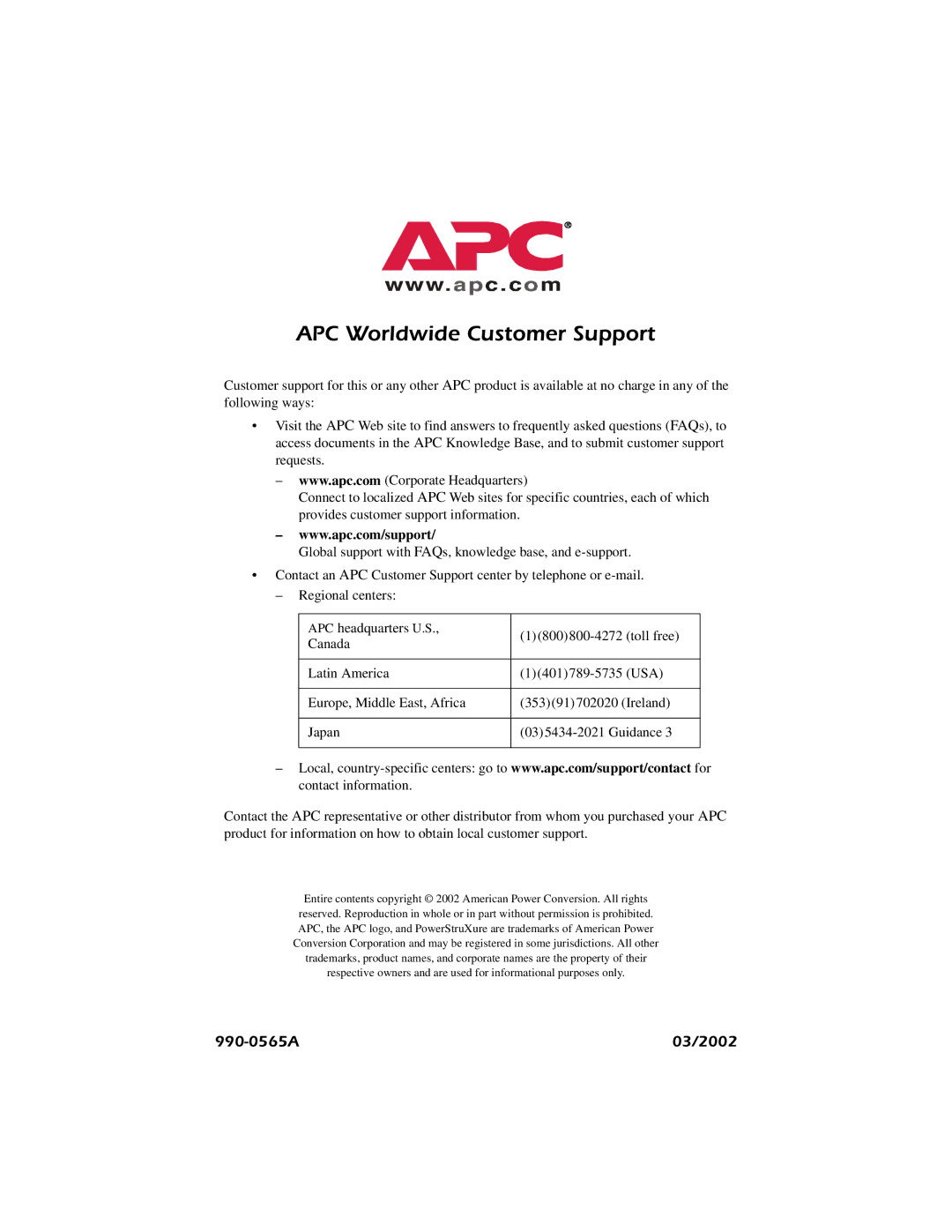 American Power Conversion AP7626, AP7620, AP7622, AP7621 user manual APC Worldwide Customer Support, Usa 