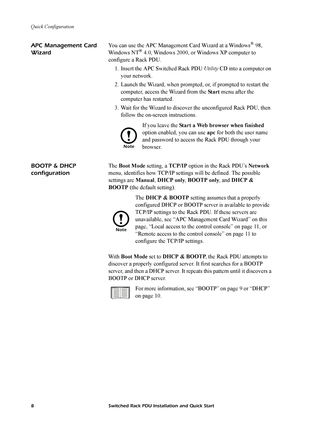 American Power Conversion AP7902 AP7911 quick start Configuration, Settings are Manual, Dhcp only, Bootp only, and Dhcp 