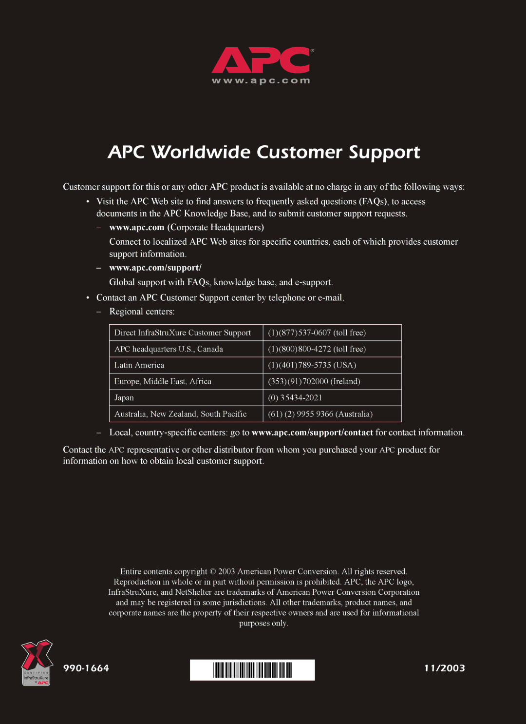 American Power Conversion AP7902 AP7911 quick start 990-1664 