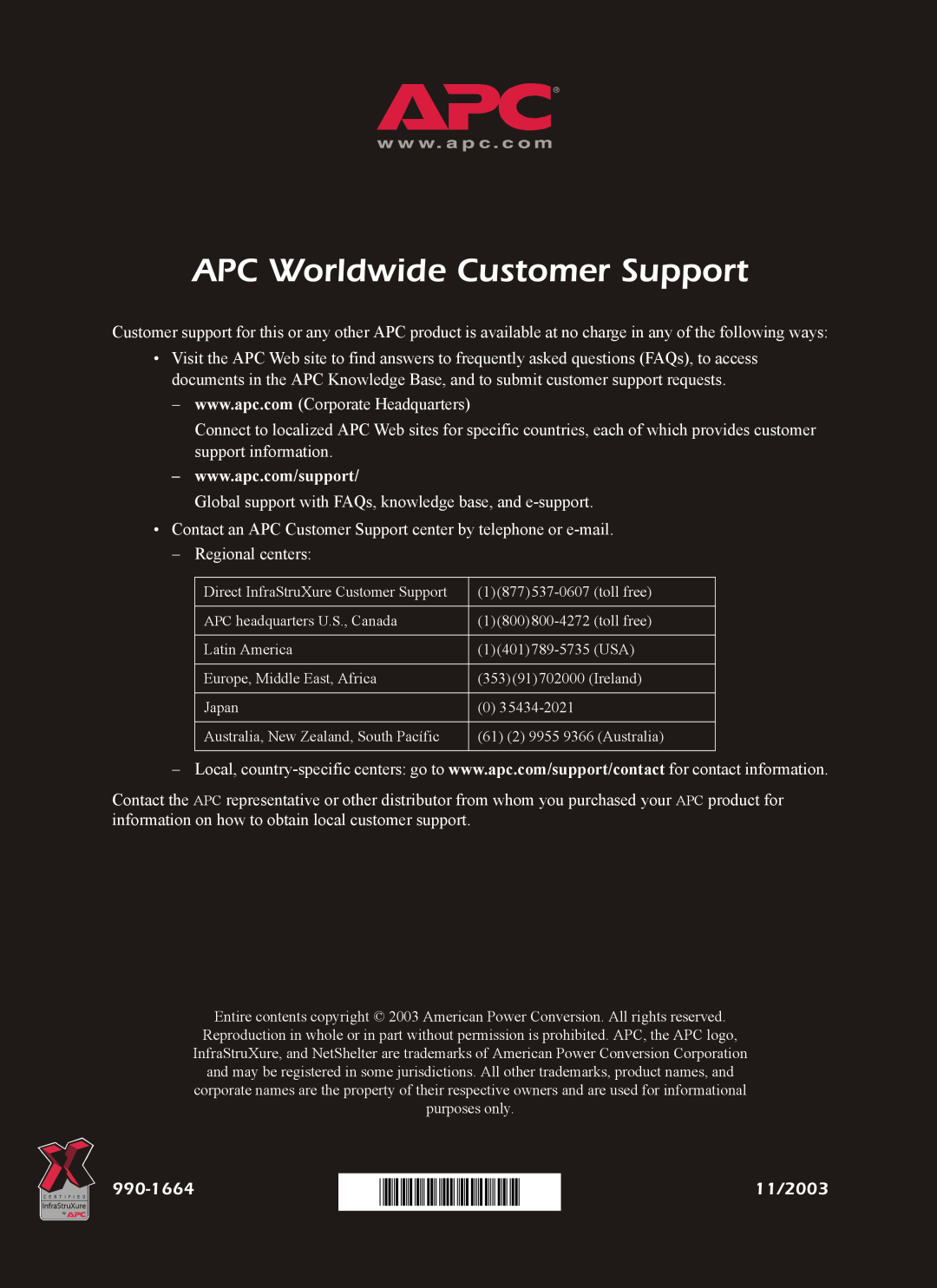 American Power Conversion AP7902 AP7911 quick start 990-1664, APC Worldwide Customer Support, 11/2003 