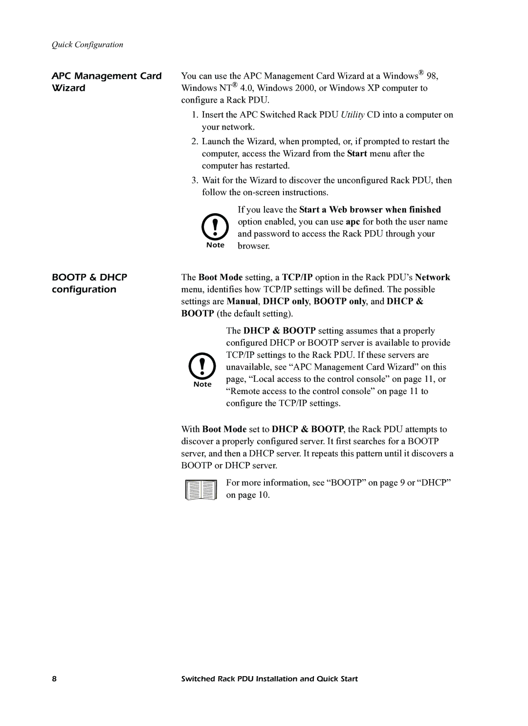 American Power Conversion AP7922 quick start Configuration, Bootp the default setting 