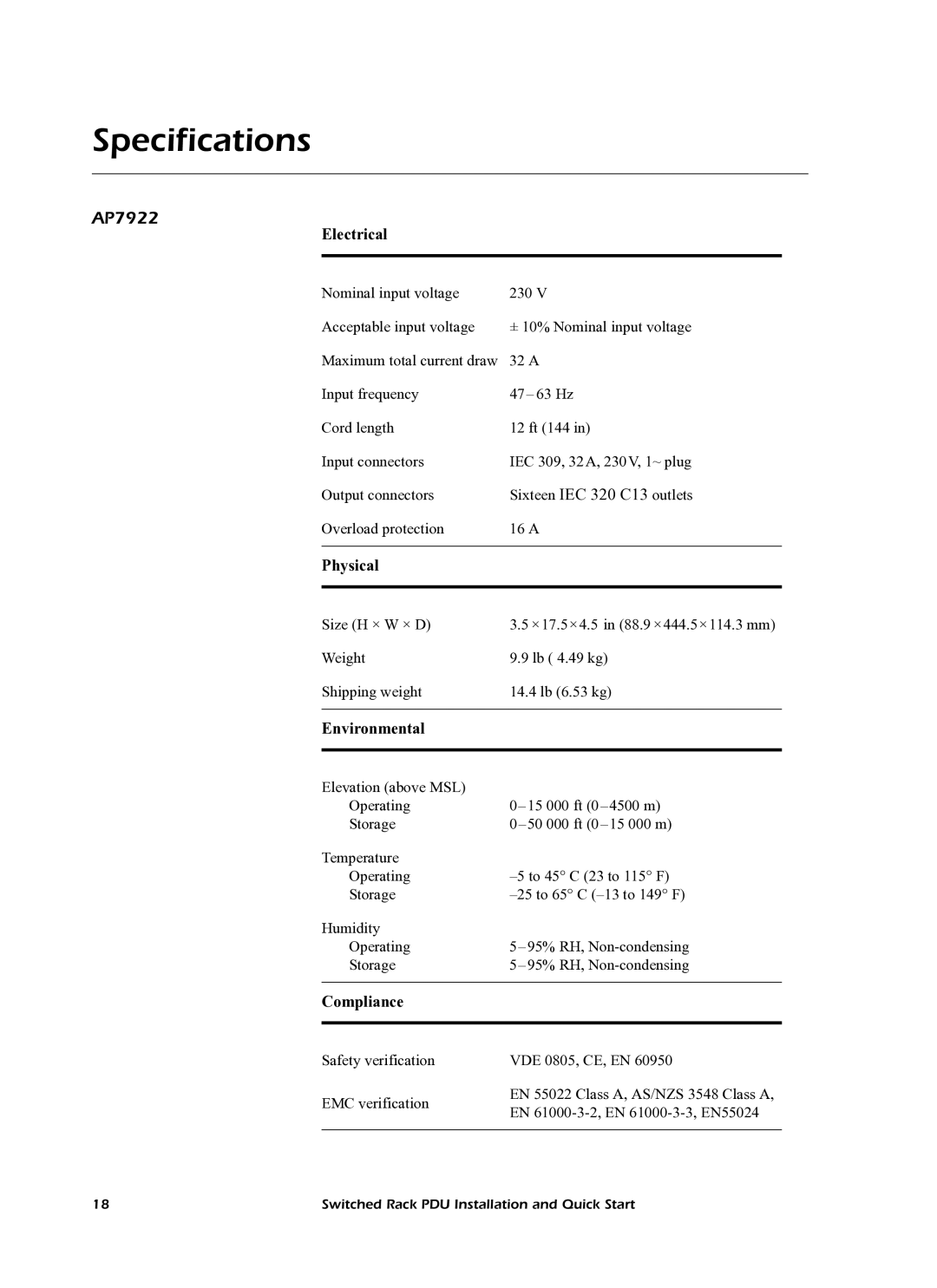American Power Conversion AP7922 quick start Specifications, Electrical 