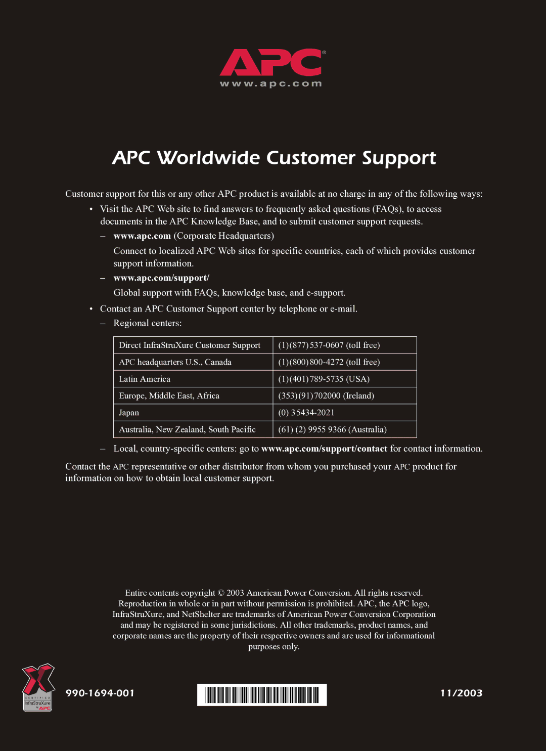 American Power Conversion AP7922 quick start APC Worldwide Customer Support 