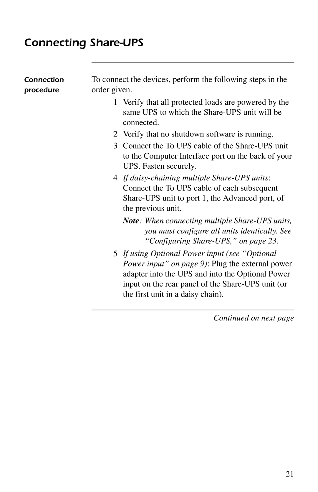 American Power Conversion AP9207 manual Connecting Share-UPS, If daisy-chaining multiple Share-UPS units 