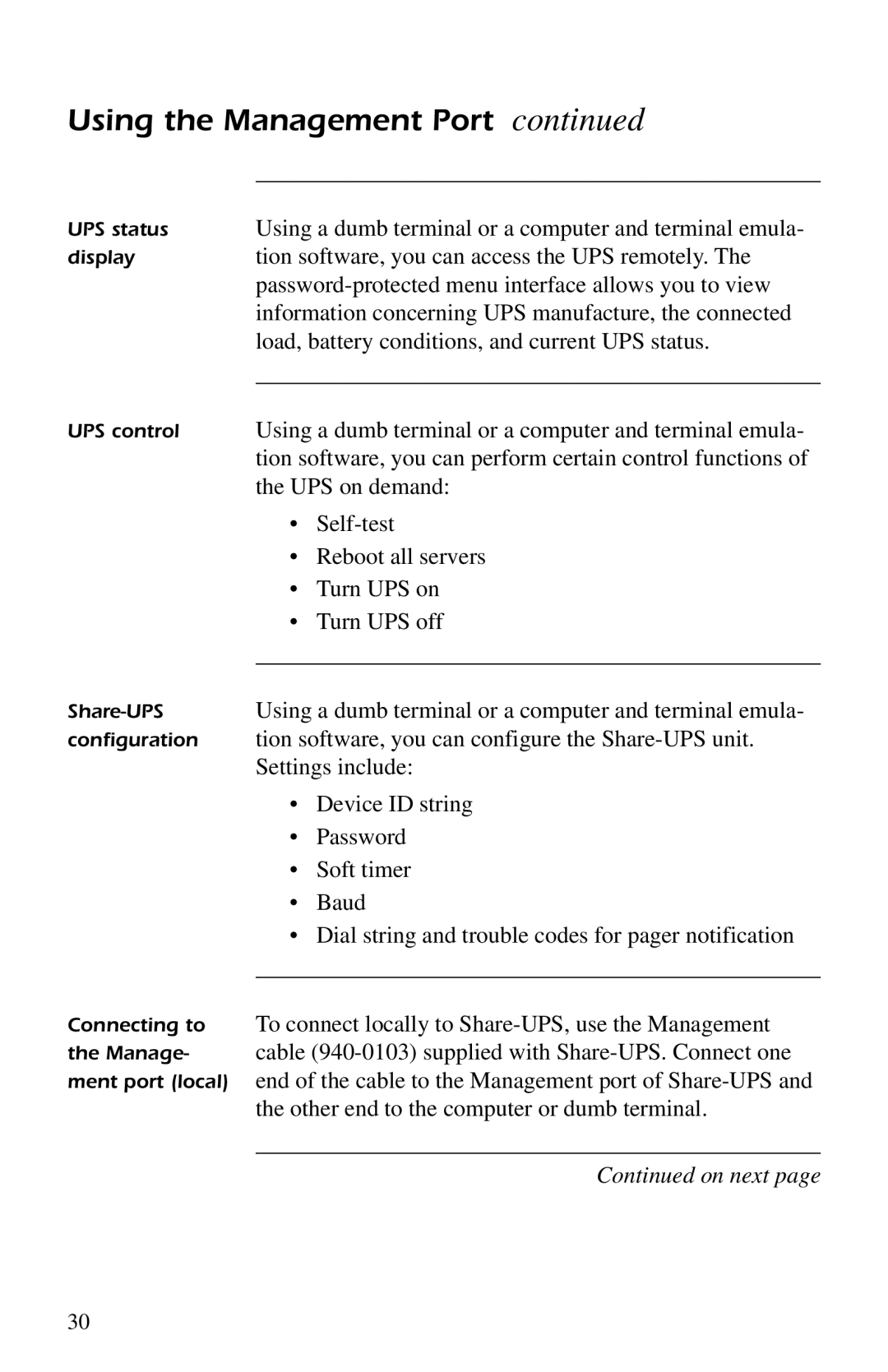 American Power Conversion AP9207 Using a dumb terminal or a computer and terminal emula, UPS on demand, Self-test, Baud 