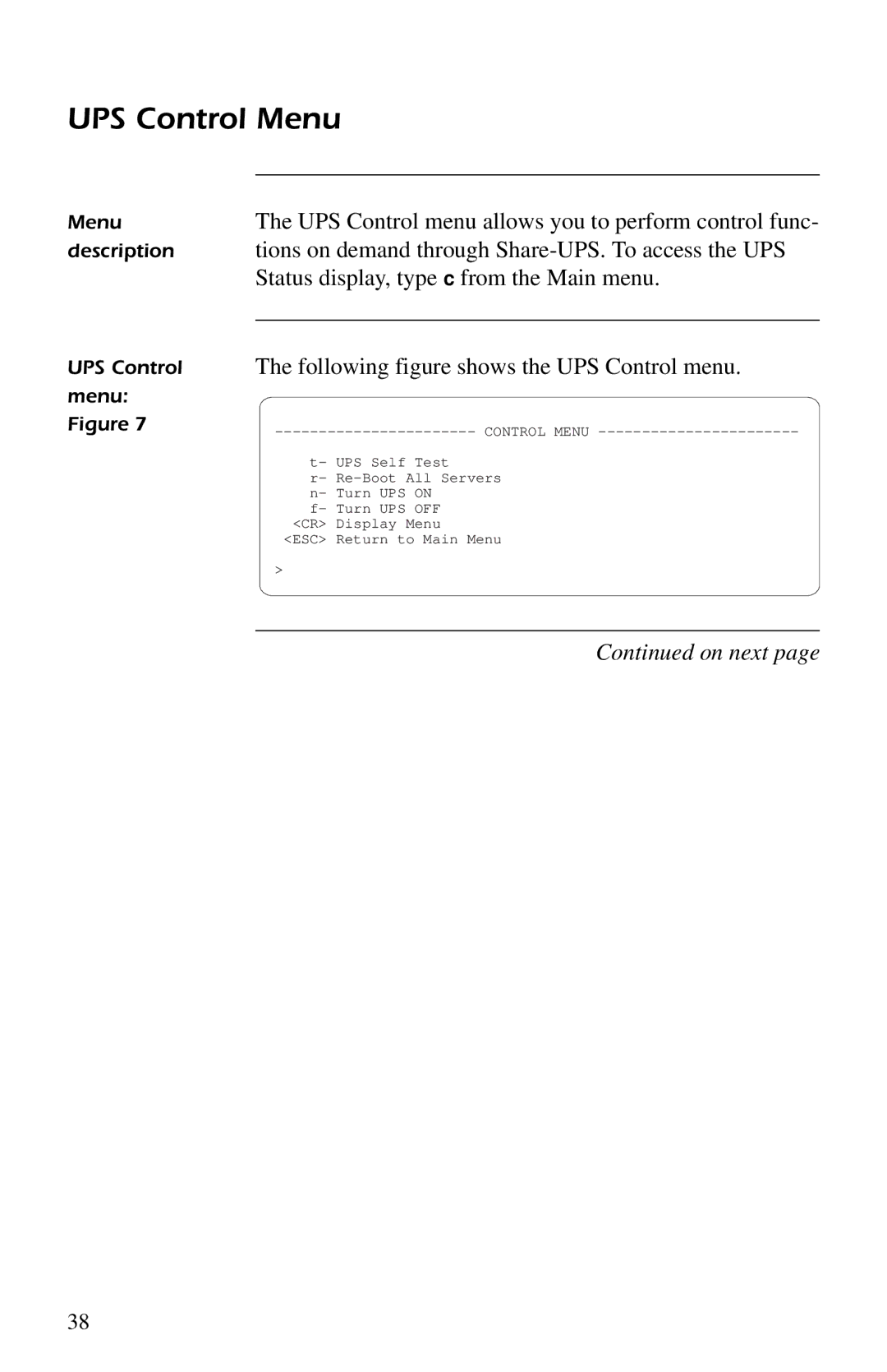 American Power Conversion AP9207 manual UPS Control Menu, Tions on demand through Share-UPS. To access the UPS 