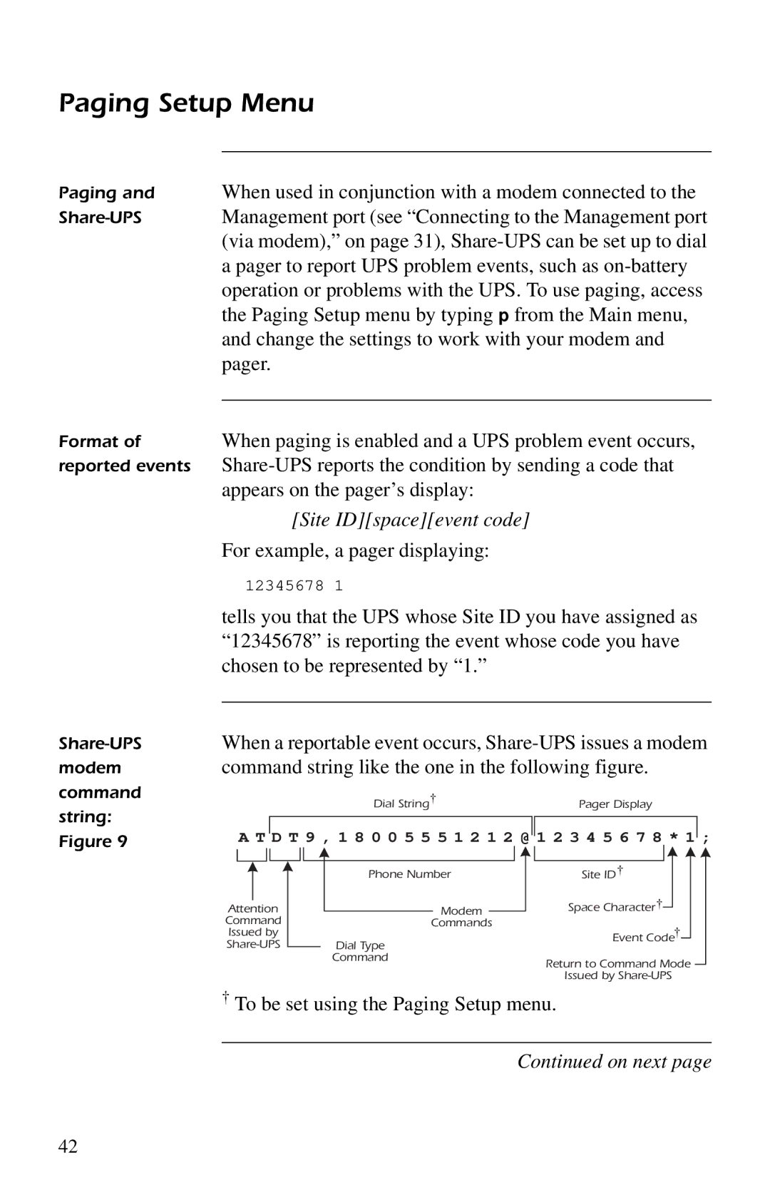 American Power Conversion AP9207 manual Paging Setup Menu, Site IDspaceevent code 