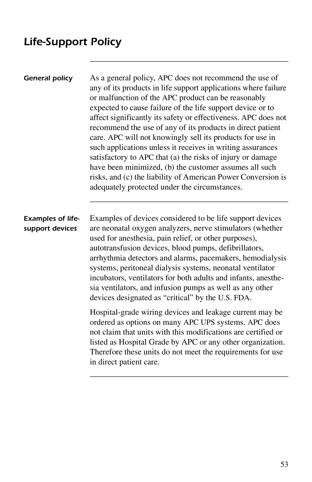 American Power Conversion AP9207 manual Life-Support Policy 