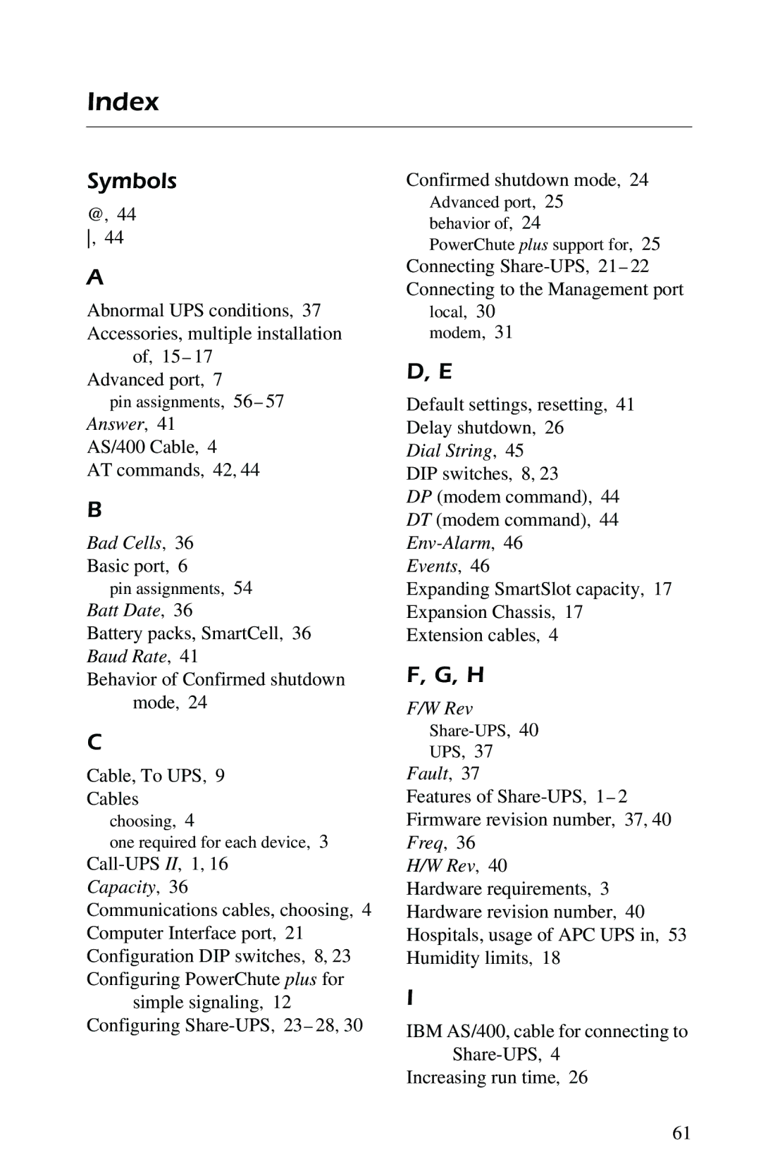 American Power Conversion AP9207 manual Index, Symbols 