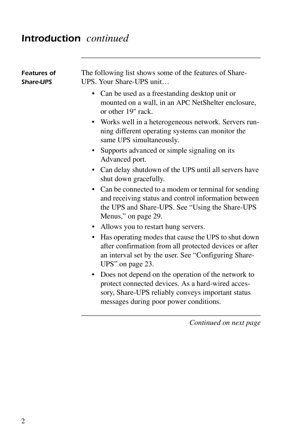 American Power Conversion AP9207 Following list shows some of the features of Share, UPS. Your Share-UPS unit…, Menus, on 