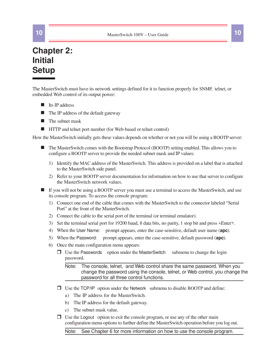 American Power Conversion AP9210 manual Chapter Initial Setup 