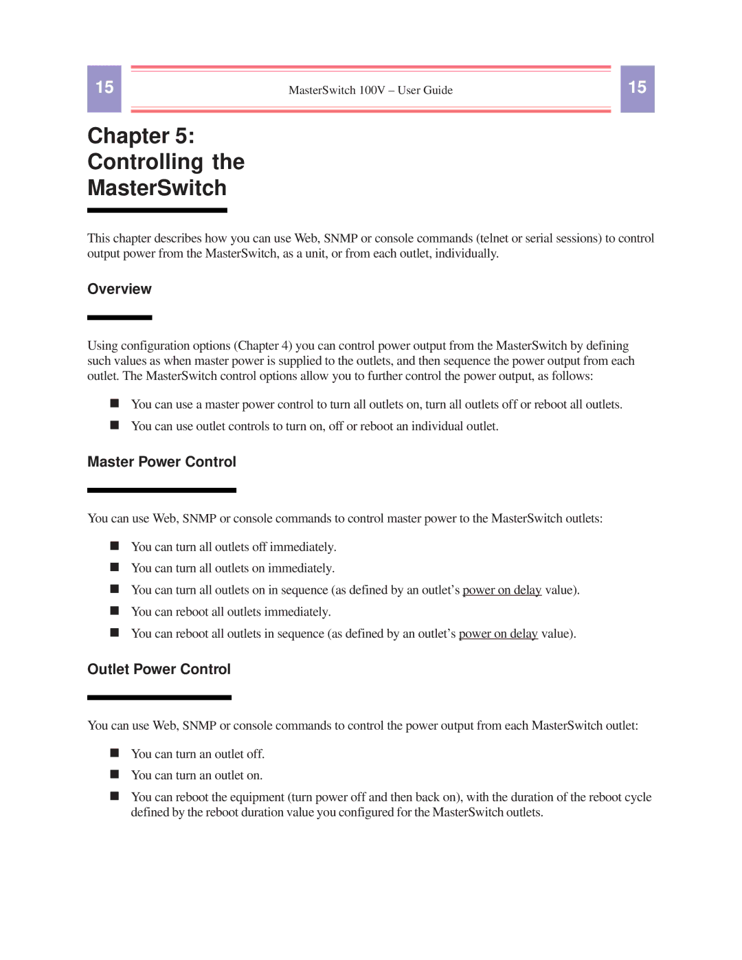 American Power Conversion AP9210 manual Chapter Controlling MasterSwitch, Master Power Control, Outlet Power Control 