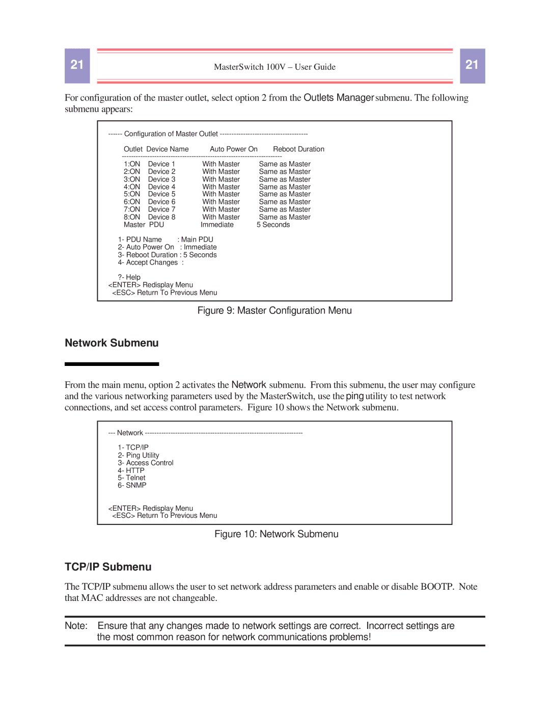 American Power Conversion AP9210 manual Network Submenu, TCP/IP Submenu 