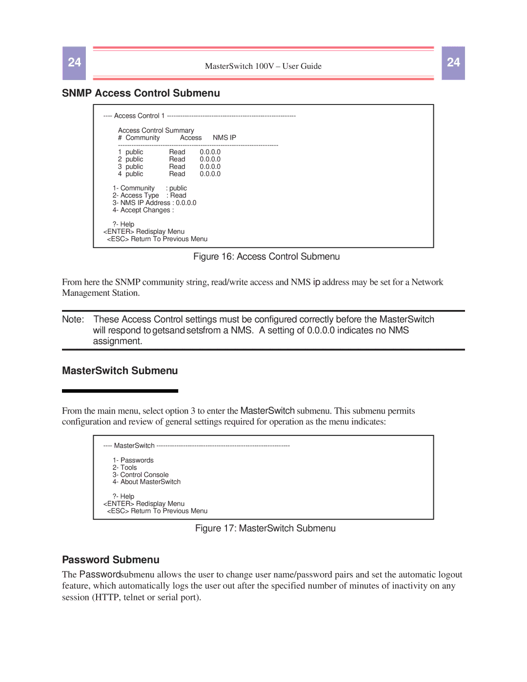 American Power Conversion AP9210 manual Snmp Access Control Submenu, MasterSwitch Submenu, Password Submenu 