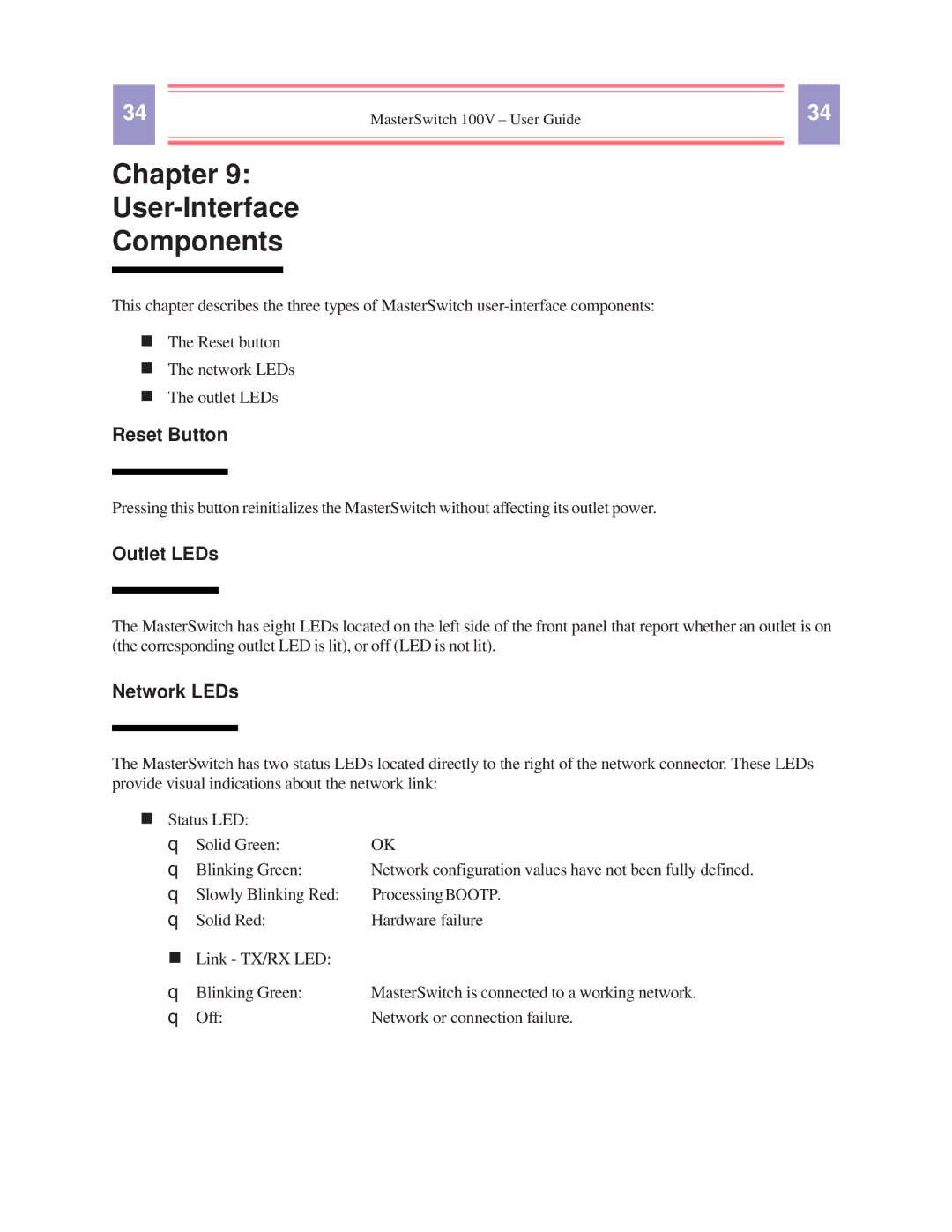 American Power Conversion AP9210 manual Chapter User-Interface Components, Reset Button, Outlet LEDs, Network LEDs 