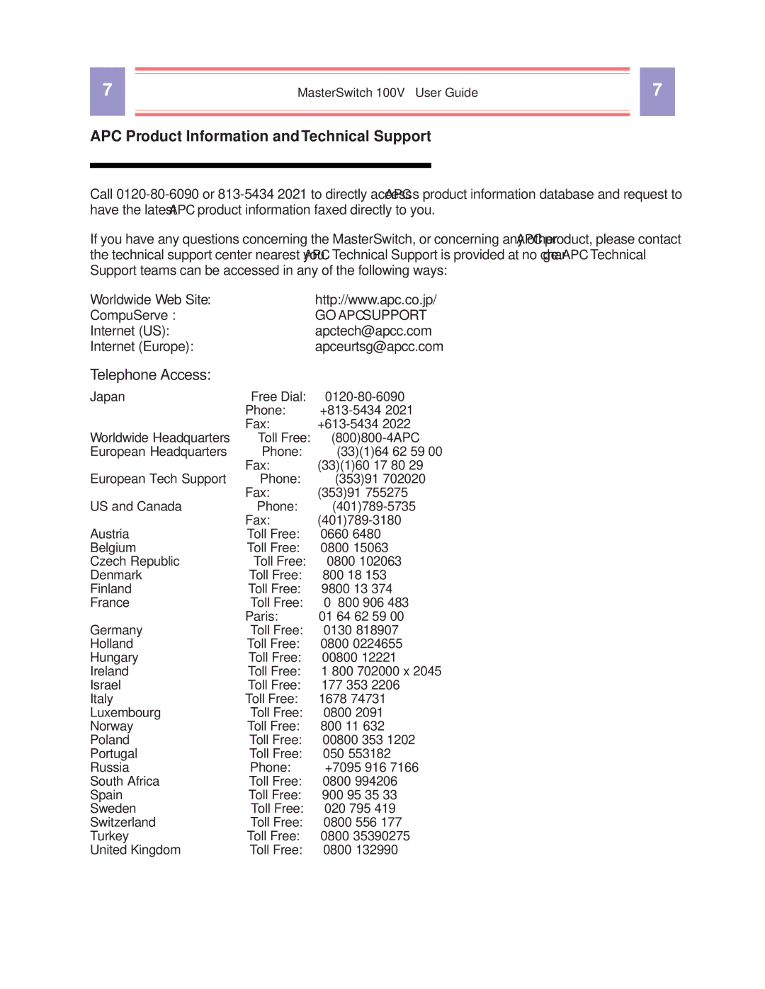 American Power Conversion AP9210 manual APC Product Information and Technical Support, Telephone Access 