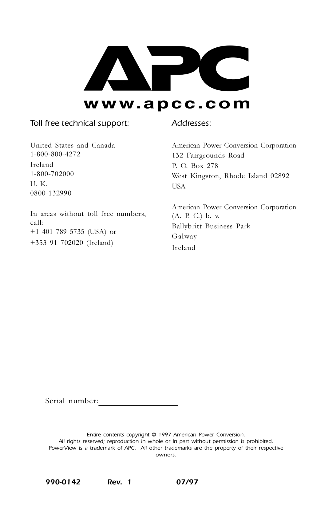 American Power Conversion AP9215 user manual Toll free technical support 