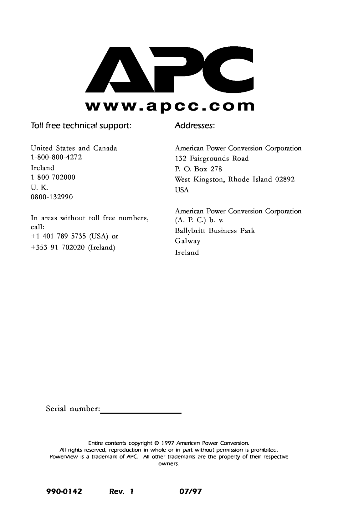American Power Conversion AP9215 user manual Toll free technical support, Addresses, Serial number 