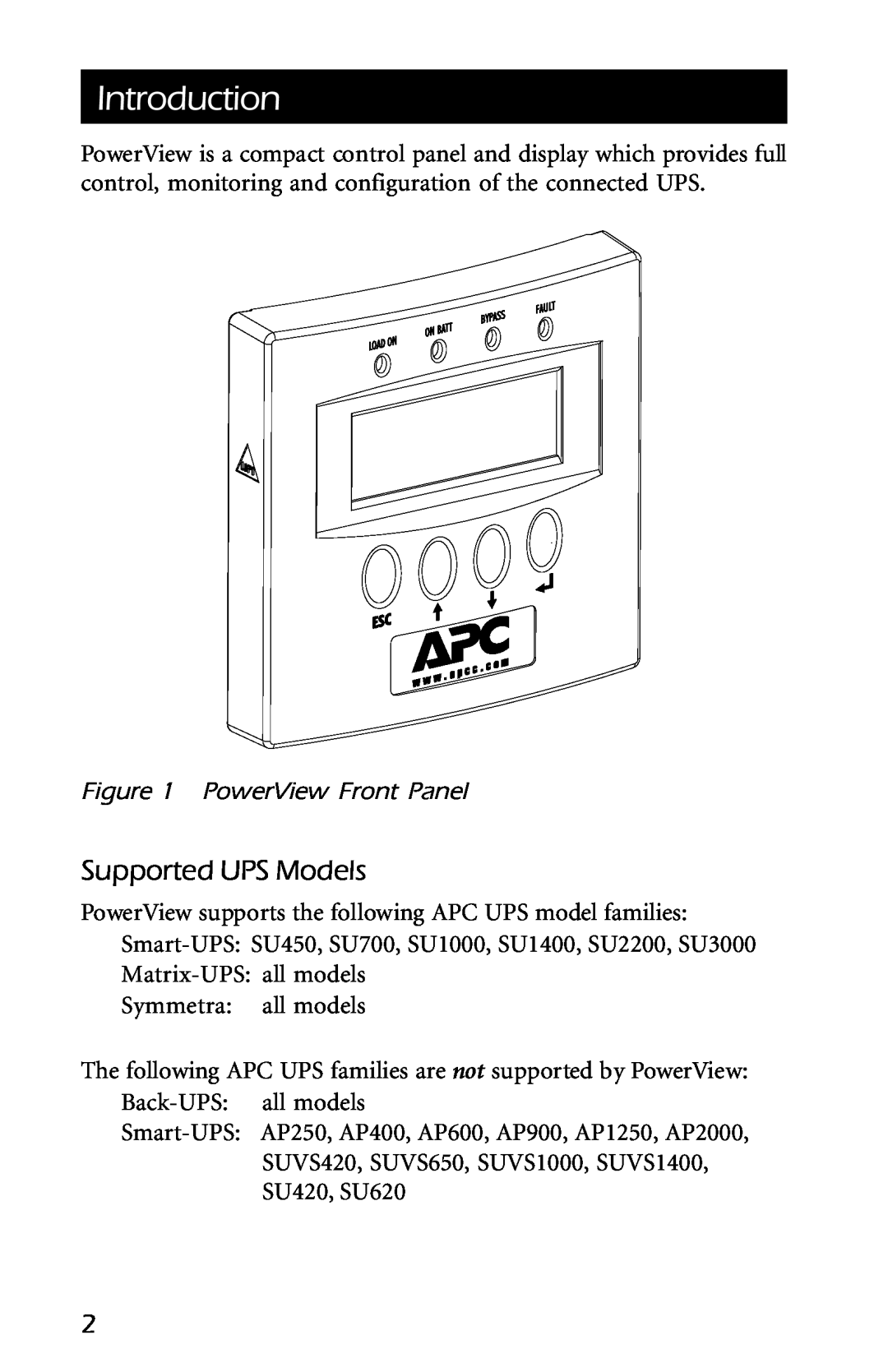 American Power Conversion AP9215 user manual Introduction, Supported UPS Models, PowerView Front Panel 