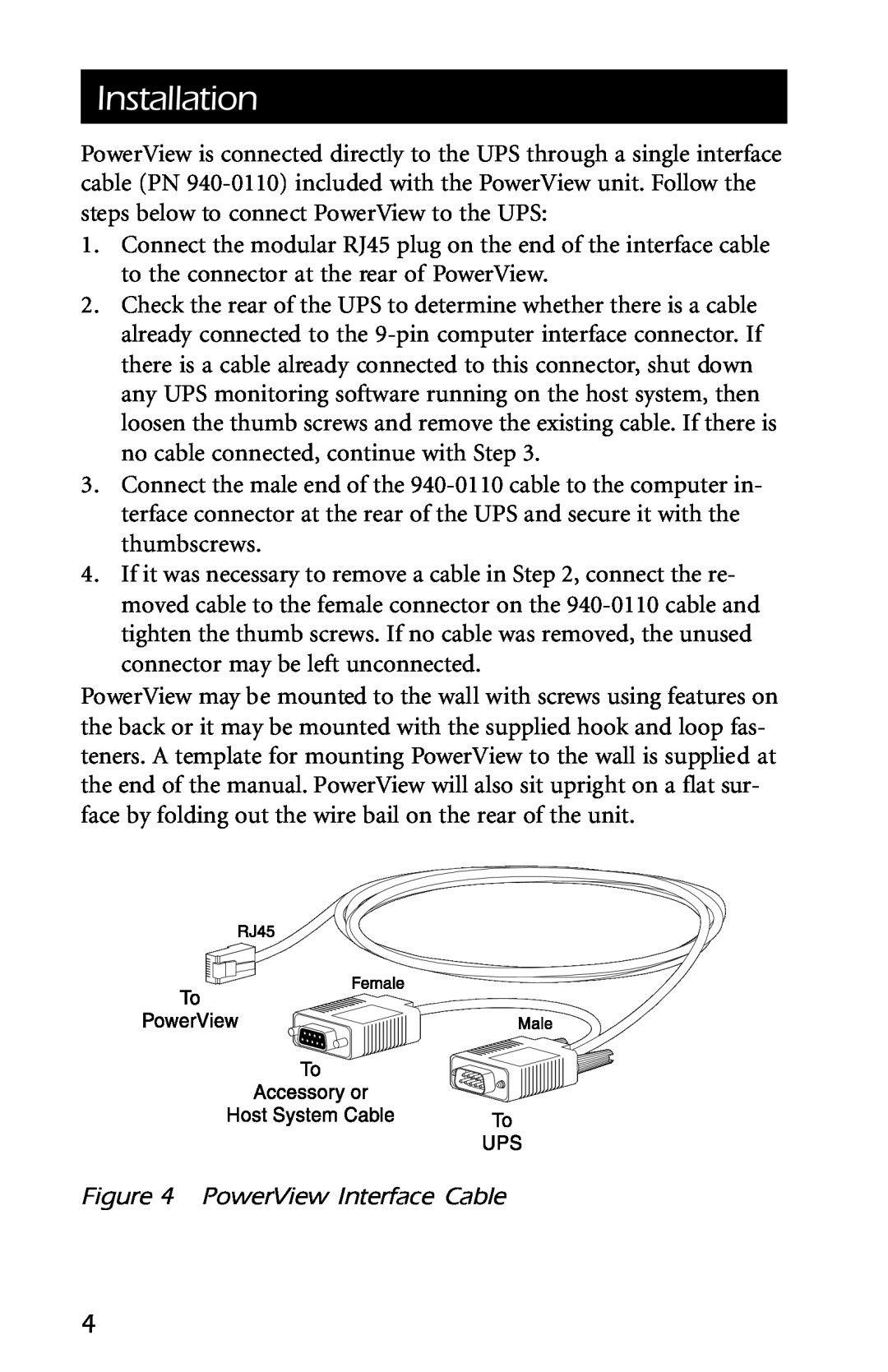American Power Conversion AP9215 user manual Installation, PowerView Interface Cable 