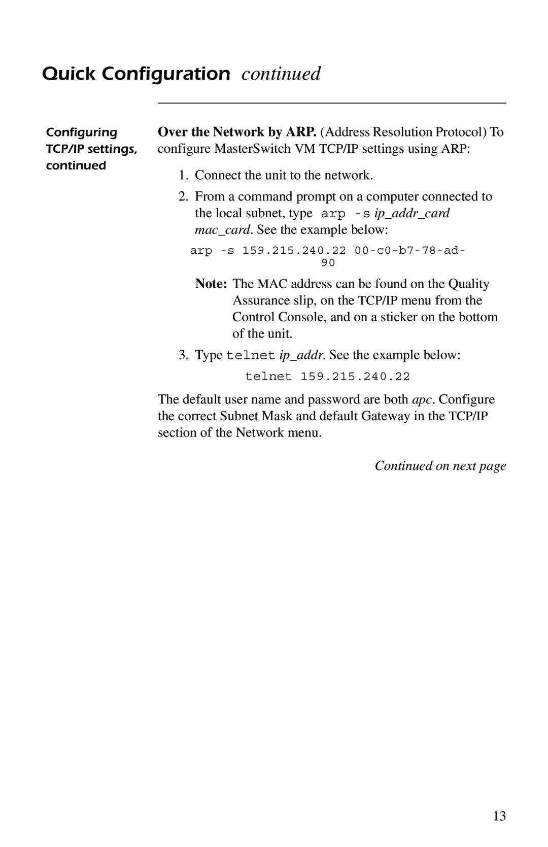 American Power Conversion AP9221EXPX166, AP9221X166 Over the Network by ARP. Address Resolution Protocol To 