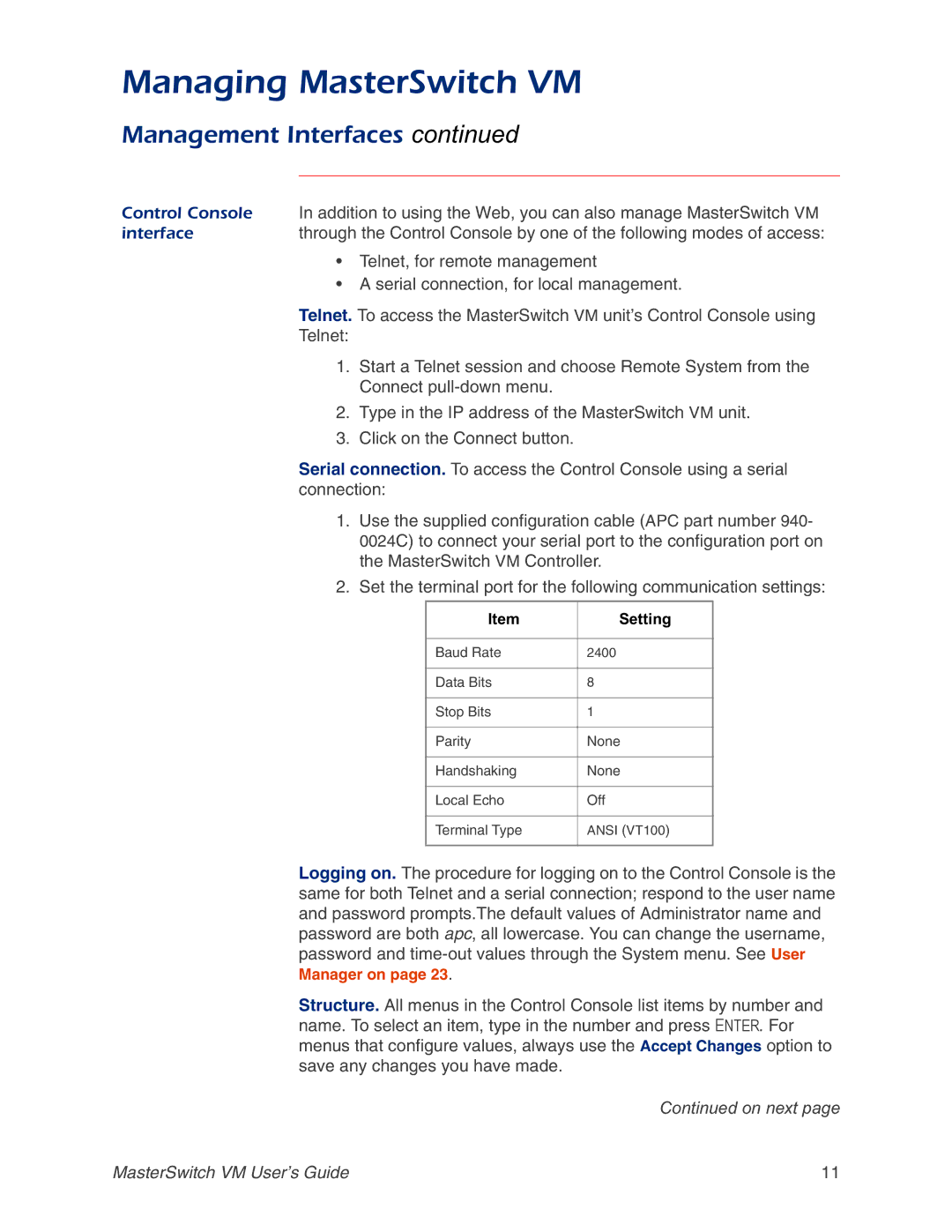 American Power Conversion AP9222 manual Managing MasterSwitch VM, Control Console, Interface, Telnet, for remote management 