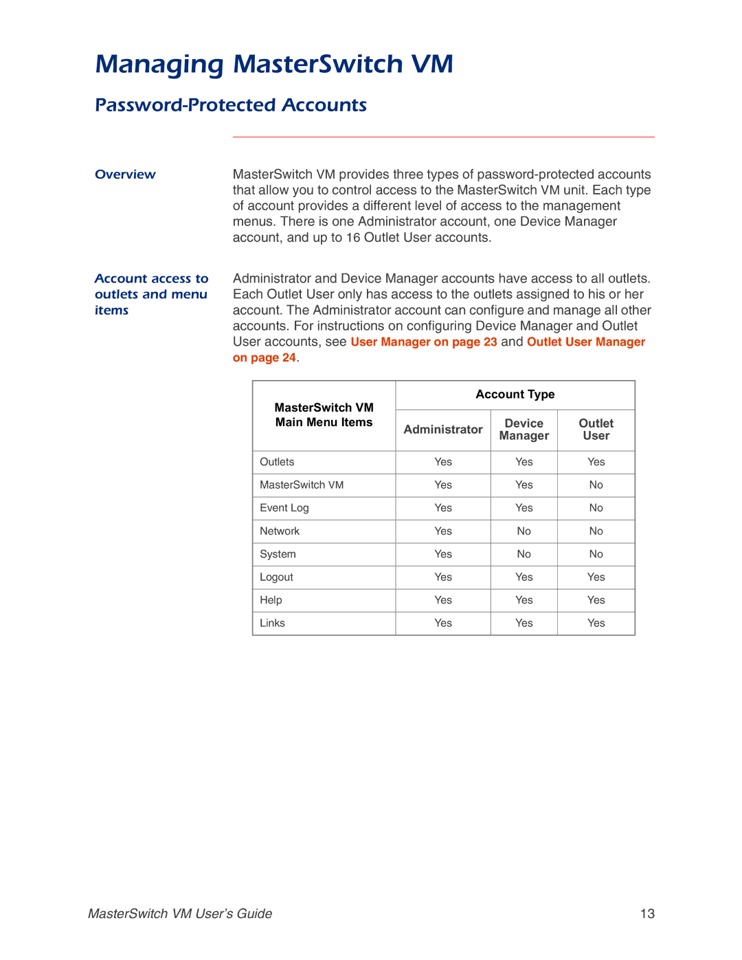 American Power Conversion AP9222 Password-Protected Accounts, Account, and up to 16 Outlet User accounts, Outlets and menu 