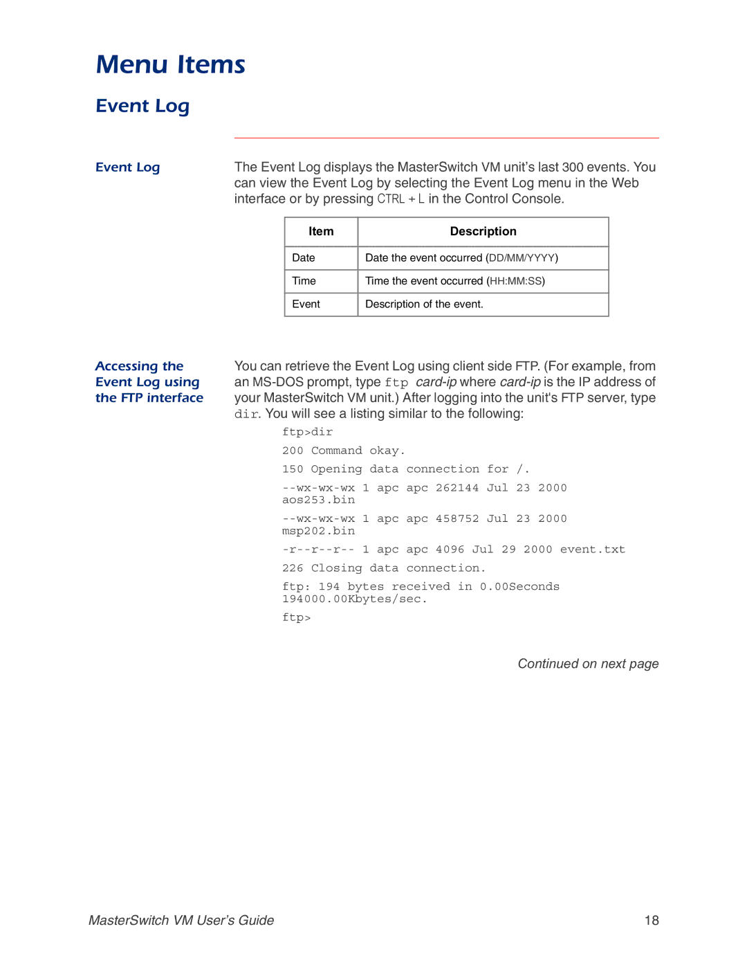 American Power Conversion AP9222EXP manual Event Log, Interface or by pressing C TRL + L in the Control Console 