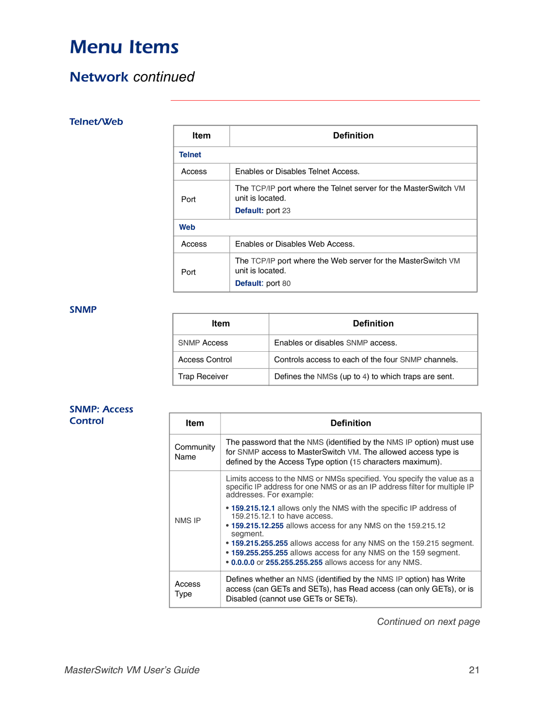 American Power Conversion AP9222EXP manual Telnet/Web, Snmp Access Control, Definition 