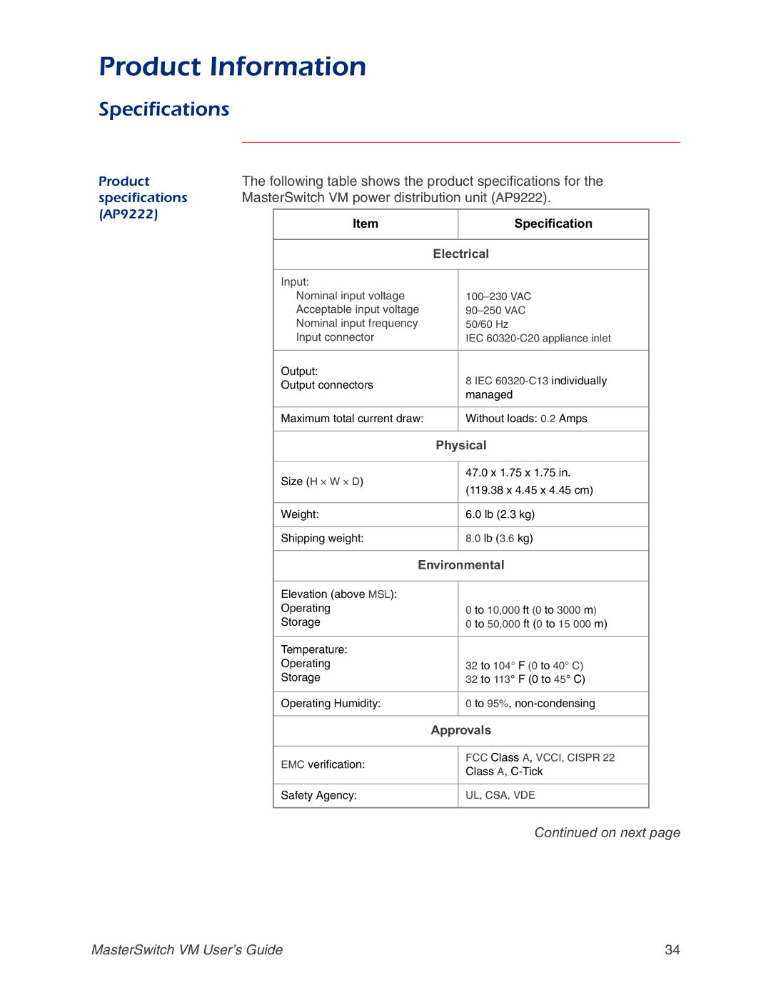 American Power Conversion AP9222EXP manual Specifications, Product, Following table shows the product specifications for 